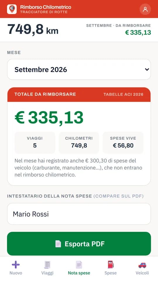 La nota spese mensile dell'app, con il totale e i documenti da esportare